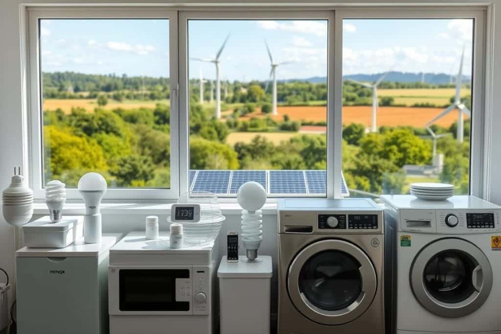 A bright, well-lit room with large windows overlooking a lush, green landscape. In the foreground, an array of energy-efficient appliances and lighting fixtures, including LED bulbs, smart thermostats, and energy-saving washing machines. In the middle ground, solar panels installed on the roof, harnessing the power of the sun. In the background, a scenic view of a wind farm, with towering turbines gracefully spinning in the gentle breeze. The overall atmosphere is one of eco-consciousness and sustainable living, with a focus on practical, modern energy conservation techniques.