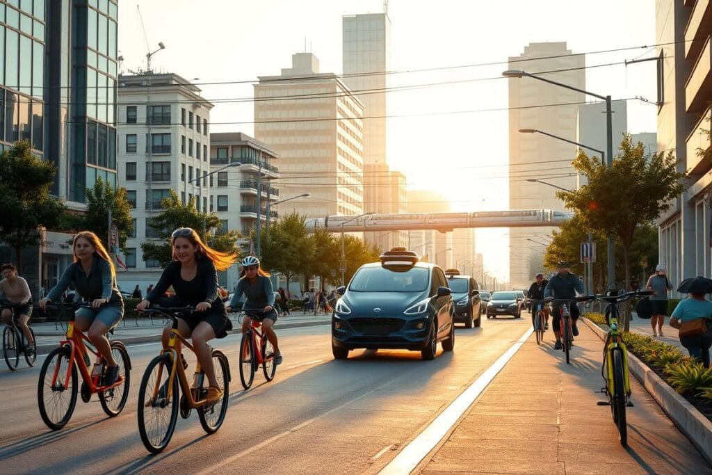 A bustling city street lined with a variety of eco-friendly transportation options. In the foreground, a group of cyclists ride sleek, brightly colored electric bicycles, their faces lit by the warm glow of the afternoon sun. In the middle ground, a self-driving electric car glides silently past, its clean, aerodynamic design reflecting the surrounding buildings. In the background, a network of elevated electric monorail tracks winds through the cityscape, seamlessly integrating with the urban landscape. The scene conveys a sense of harmonious coexistence between modern technology and sustainable living, creating a vision of a greener, more efficient future for urban transportation.
