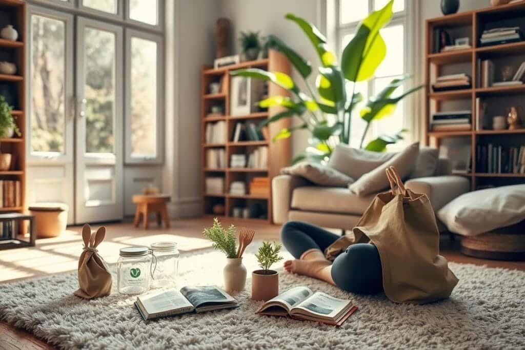 A cozy living room scene with natural lighting filtering through large windows. In the foreground, a person sits cross-legged on a plush, neutral-toned rug, mindfully examining a variety of sustainable products - reusable bags, glass containers, bamboo utensils. On the coffee table, a small potted plant and a book on eco-conscious living. In the middle ground, bookshelves line the walls, filled with nature-inspired decor and carefully curated ethical purchases. The background features a large, lush plant in the corner, casting a soft, verdant glow over the space. The overall atmosphere is one of tranquility, mindfulness, and a harmonious integration of sustainable living within a comfortable, inviting home environment.
