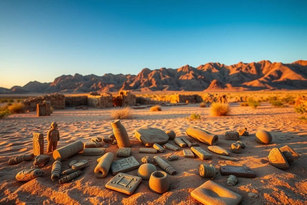 A desert landscape at dusk, bathed in warm, golden light. In the foreground, a collection of ancient, weathered artifacts lies scattered on the sandy ground - intricately carved stone figurines, enigmatic clay tablets, and mysterious metal objects. The middle ground reveals partially uncovered ruins, with crumbling adobe walls and the remains of a once-grand structure. In the background, rugged, sun-scorched mountains rise, casting long shadows across the desert expanse. The scene conveys a sense of timelessness and mystery, as if these relics hold the secrets of a forgotten civilization. Capture this evocative tableau with a medium-wide angle lens, using a shallow depth of field to draw the eye to the artifacts. A desert landscape at dusk, bathed in warm, golden light. In the foreground, a collection of ancient, weathered artifacts lies scattered on the sandy ground - intricately carved stone figurines, enigmatic clay tablets, and mysterious metal objects. The middle ground reveals partially uncovered ruins, with crumbling adobe walls and the remains of a once-grand structure. In the background, rugged, sun-scorched mountains rise, casting long shadows across the desert expanse. The scene conveys a sense of timelessness and mystery, as if these relics hold the secrets of a forgotten civilization. Capture this evocative tableau with a medium-wide angle lens, using a shallow depth of field to draw the eye to the artifacts.