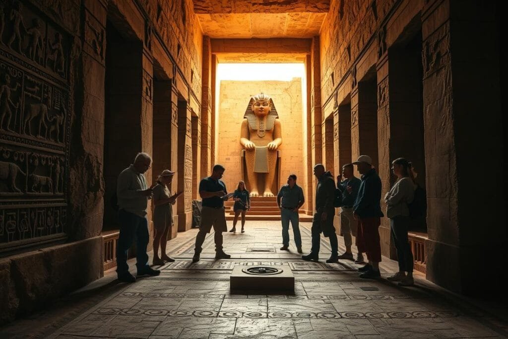 A dimly lit ancient temple, its weathered stone walls adorned with intricate carvings and hieroglyphics. In the foreground, a group of scholars and archaeologists examine a newly discovered artifact, their expressions a mix of wonder and contemplation. The middle ground reveals a mosaic floor, its patterns a tapestry of cultural symbols and mythological figures. In the background, a towering statue of a forgotten deity casts a enigmatic gaze, hinting at the enduring mysteries of the past. Warm, golden lighting filters through the temple's archways, creating a sense of reverence and timelessness. This scene captures the profound cultural impact of ancient mysteries, as modern-day explorers uncover the secrets of lost civilizations.