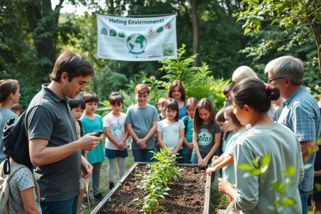A diverse group of people, young and old, gathered in a lush, verdant outdoor setting, actively engaged in hands-on environmental education activities. In the foreground, a teacher demonstrates the use of scientific instruments to measure water quality, surrounded by attentive students. In the middle ground, a group of children plants seedlings in a community garden, while in the background, a large informational banner hangs, highlighting the importance of sustainable practices. Soft, natural lighting illuminates the scene, creating a warm, inviting atmosphere that encourages learning and exploration. The overall composition conveys a sense of community, collaboration, and a shared commitment to environmental stewardship.