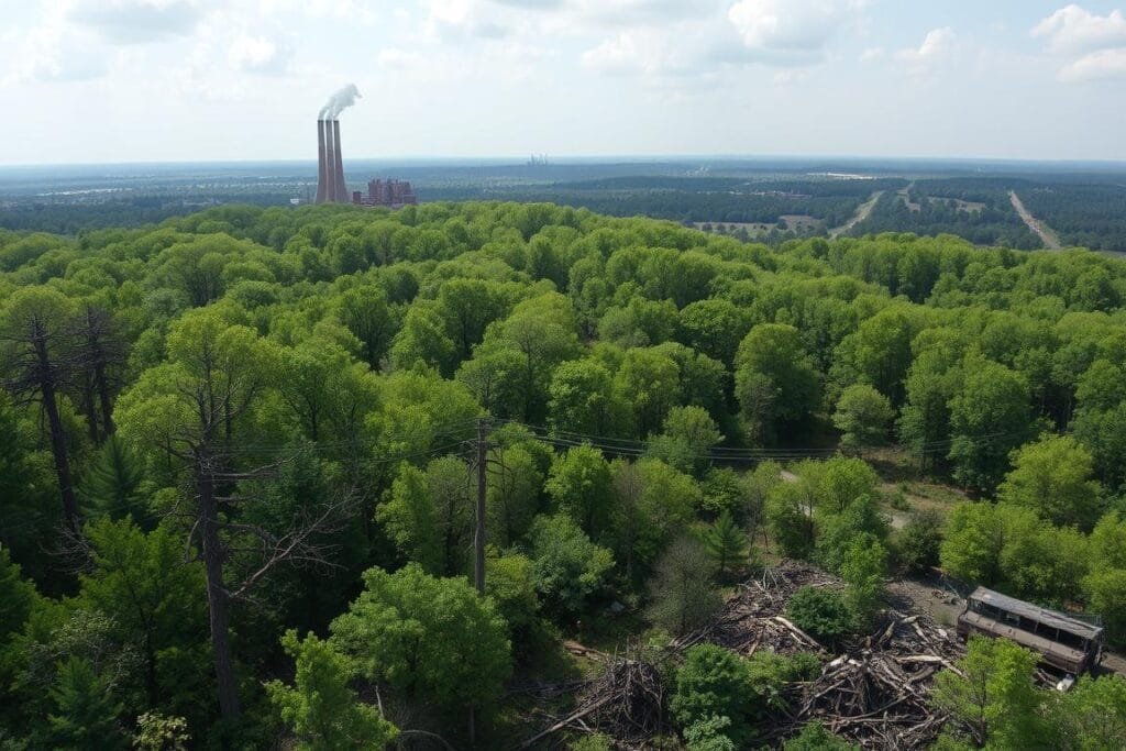 A lush, verdant forest canopy, its vibrant greens and dappled sunlight disrupted by the encroachment of towering, industrial smokestacks. In the foreground, a once-thriving ecosystem lies in ruin, with withered foliage and displaced wildlife struggling to adapt to the harsh, polluted environment. The middle ground features a stark contrast, where the natural world battles against the intrusion of human development, represented by crumbling infrastructure and abandoned machinery. In the distance, a hazy, ominous horizon underscores the looming threat of climate change, casting a somber, unsettling atmosphere over the entire scene. Captured through the lens of a wideangle camera, this image conveys the urgent message of the delicate balance between nature and human activity, and the devastating consequences of wildlife habitat disruption.
