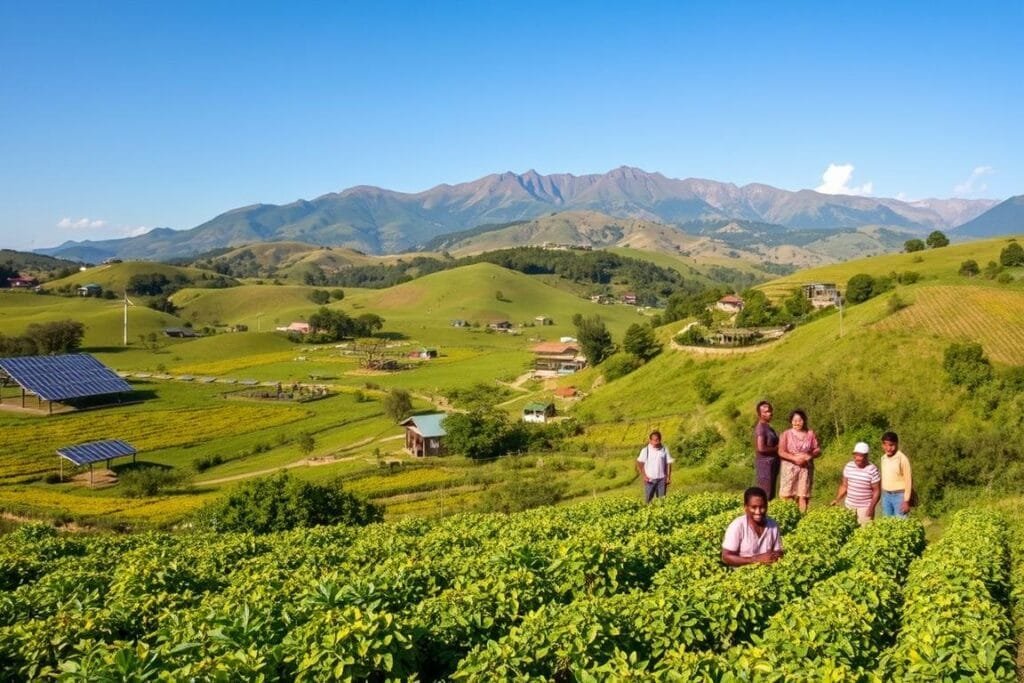 A lush, verdant landscape with rolling hills and vibrant vegetation. In the foreground, a diverse array of climate adaptation strategies are showcased - from solar panels and wind turbines harnessing renewable energy, to flood-resilient infrastructure and drought-resistant crops. The midground features people of all ages engaged in sustainable practices, such as community gardening and rainwater harvesting. In the background, towering mountains and a clear, azure sky create a serene, hopeful atmosphere, symbolizing the balance between human ingenuity and the natural world. Soft, diffused lighting illuminates the scene, captured with a wide-angle lens to convey a sense of scale and interconnectedness.