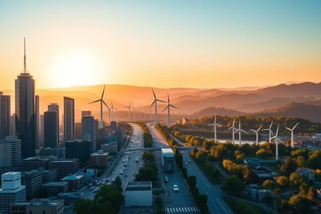 A panoramic landscape depicting the impact of climate change policy regulations. In the foreground, a bustling city with towering skyscrapers and electric vehicles navigating the streets. The middle ground features wind turbines and solar panels, representing renewable energy initiatives. In the background, rolling hills and lush forests, signifying the preservation of natural habitats. The scene is illuminated by a warm, golden sunset, casting a hopeful glow over the scene. The image conveys a sense of progress, innovation, and a balance between urban development and environmental protection. A panoramic landscape depicting the impact of climate change policy regulations. In the foreground, a bustling city with towering skyscrapers and electric vehicles navigating the streets. The middle ground features wind turbines and solar panels, representing renewable energy initiatives. In the background, rolling hills and lush forests, signifying the preservation of natural habitats. The scene is illuminated by a warm, golden sunset, casting a hopeful glow over the scene. The image conveys a sense of progress, innovation, and a balance between urban development and environmental protection.