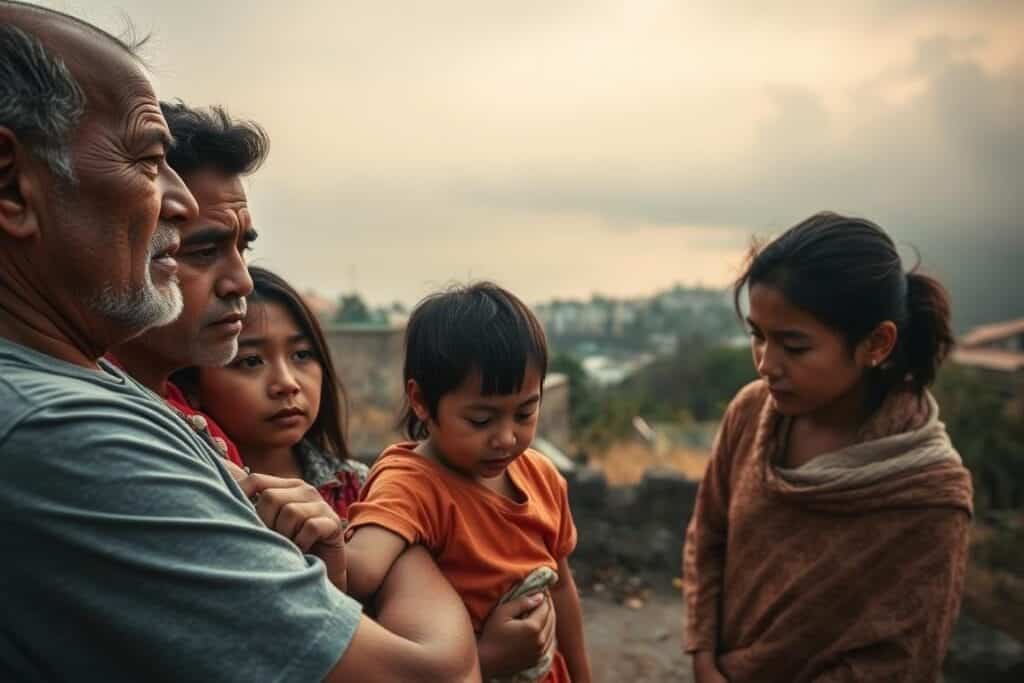 A panoramic scene depicting the health impacts of climate change. In the foreground, a family struggles with heatstroke and respiratory distress, their faces etched with pain. In the middle ground, a coastal town is submerged by rising sea levels, the water lapping at the rooftops. In the background, a dense smog obscures the horizon, the result of worsening air pollution. The scene is bathed in a sickly, orange-tinted light, conveying a sense of unease and impending disaster. Detailed textures, realistic shadows, and a cinematic depth of field create a powerful, immersive image.