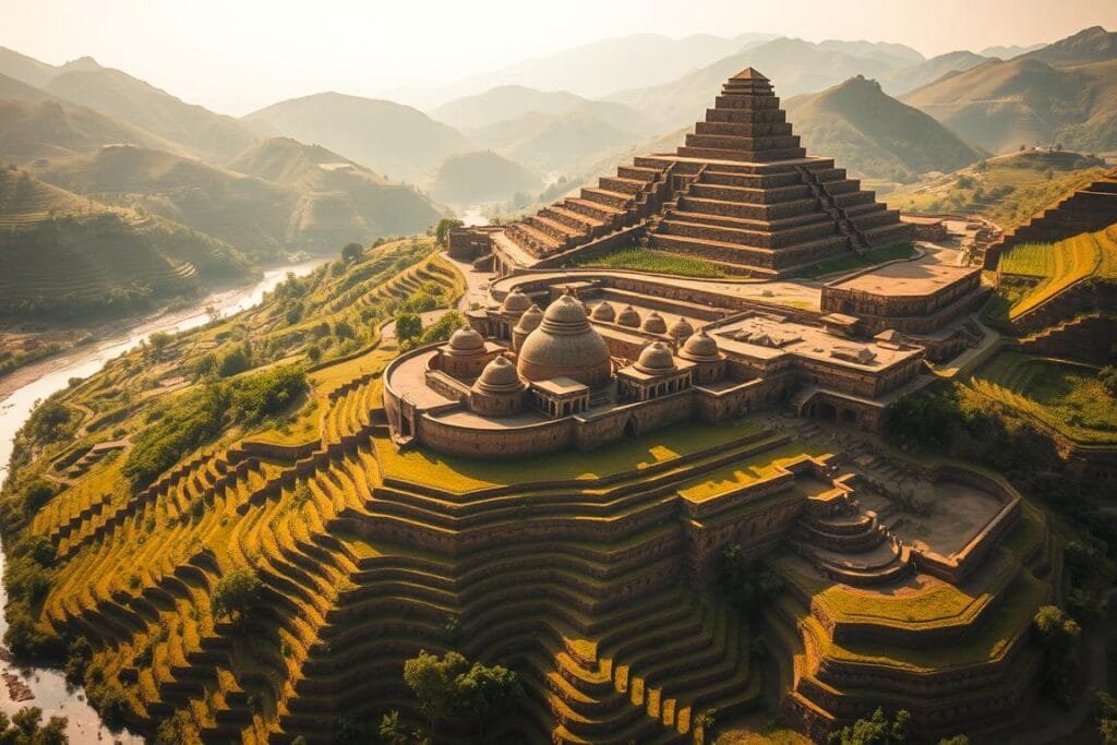 A serene aerial view of an ancient riverside settlement, nestled among lush rolling hills. In the foreground, intricate terraced gardens cascade down the riverbanks, showcasing the settlement's sustainable agriculture practices. The middle ground features a cluster of domed, earthen-toned structures, their designs optimized for natural ventilation and temperature regulation. In the background, a towering ziggurat rises majestically, its stepped architecture reflecting the civilization's advanced urban planning. Warm, diffused sunlight bathes the scene, creating a timeless, contemplative atmosphere that evokes the enduring wisdom of this long-lost world.