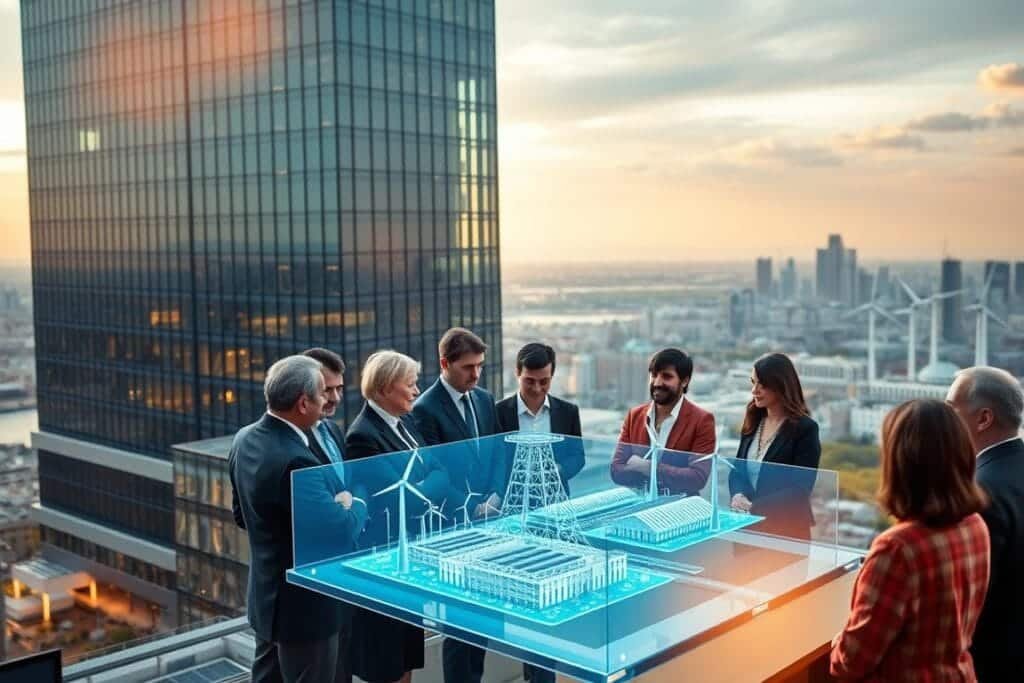 A serene government building stands tall, its sleek glass facade reflecting the bustling cityscape. In the foreground, a group of policymakers convene, animatedly discussing climate action strategies. The lighting is warm and inviting, casting a soft glow on the scene. In the middle ground, a holographic display showcases a detailed model of renewable energy infrastructure, highlighting the government's commitment to clean energy initiatives. The background features a panoramic view of the city skyline, with wind turbines and solar panels dotting the horizon, symbolizing the nation's transition to a sustainable future.