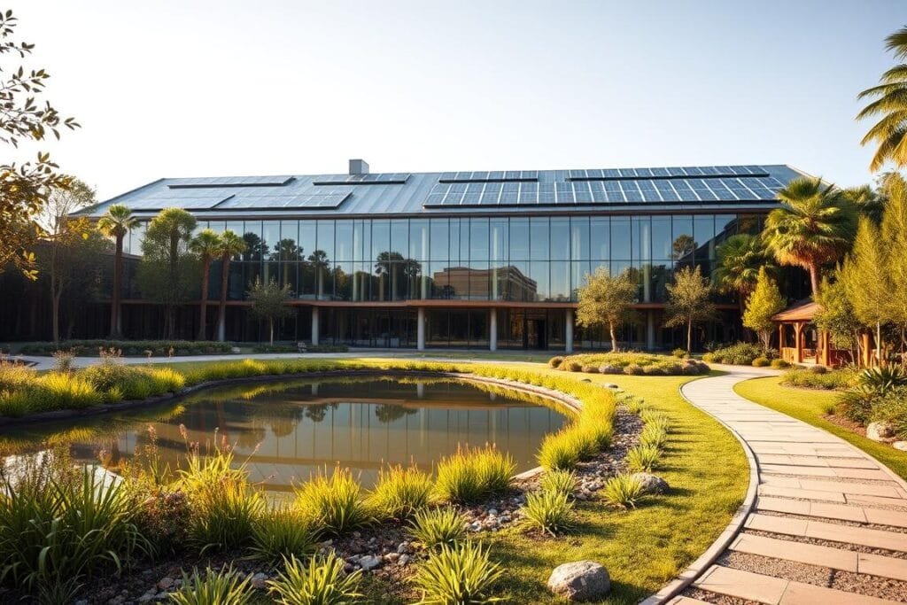 A sprawling modern eco-friendly building with a stunning glass facade, surrounded by lush greenery and solar panels on the roof. The structure is bathed in warm natural light, with clean geometric lines and a harmonious blend of wood, stone, and metal accents. In the foreground, a tranquil reflecting pool mirrors the building's facade, while a path winds through a beautifully landscaped garden filled with native plants and water features. The overall atmosphere conveys a sense of sustainability, innovation, and environmental consciousness. A sprawling modern eco-friendly building with a stunning glass facade, surrounded by lush greenery and solar panels on the roof. The structure is bathed in warm natural light, with clean geometric lines and a harmonious blend of wood, stone, and metal accents. In the foreground, a tranquil reflecting pool mirrors the building's facade, while a path winds through a beautifully landscaped garden filled with native plants and water features. The overall atmosphere conveys a sense of sustainability, innovation, and environmental consciousness.