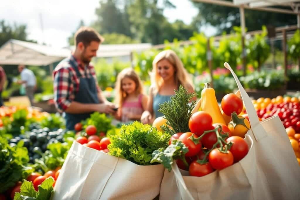 A sun-dappled farmers market overflows with vibrant produce - crisp greens, ruby tomatoes, and golden squash. In the foreground, a reusable tote bag is filled with an assortment of wholesome, locally-sourced ingredients. The middle ground features a family selecting fresh, seasonal items, their faces alight with joy at the prospect of a nourishing, sustainable meal. In the background, a community garden blooms, its lush beds a testament to the power of homegrown, organic food. Soft, natural lighting filters through wispy clouds, lending an earthy, serene atmosphere to the scene. This image evokes the joy and simplicity of eco-friendly food choices that reduce one's carbon footprint.