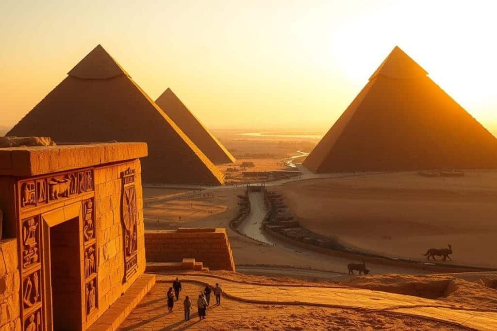 A sweeping vista of the ancient Giza Pyramids, bathed in the warm glow of the setting sun. The iconic monuments stand tall and proud, their smooth limestone surfaces gleaming in the golden light. In the foreground, intricate hieroglyphic carvings adorn the entrance, hinting at the engineering marvels that lie within. The middle ground is dotted with small figures, awestruck onlookers marveling at the sheer scale and precision of these architectural wonders. In the distance, the Nile River winds its way through the desert landscape, adding a serene backdrop to this timeless scene. The overall mood is one of reverence and wonder, capturing the enduring mystery of the Pyramids' construction.