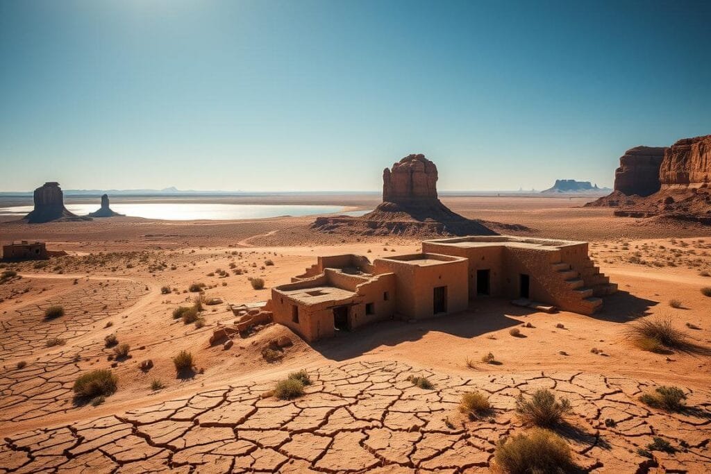 A vast desert landscape in Arizona, with ancient adobe dwellings nestled amongst towering red rock formations. The once-vibrant ruins now stand in stark contrast to the parched, cracked earth, a haunting testament to the ravages of climate change. Sunlight casts long shadows, illuminating the weathered structures, their once-sturdy walls now crumbling. In the distance, a shimmering mirage hints at the dwindling water sources that once sustained this thriving community. The scene evokes a palpable sense of abandonment and the fragility of human existence in the face of an unforgiving environment.