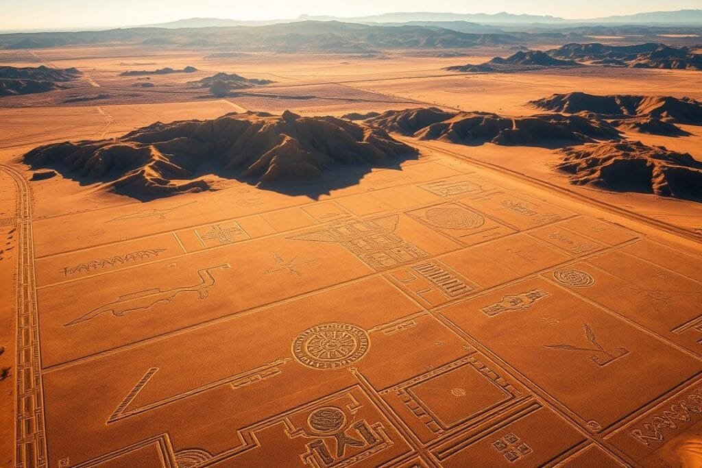 An aerial view of the Nazca Lines, a vast network of geometric patterns and animal figures etched into the Peruvian desert. The image depicts the lines as seen from a high vantage point, showcasing their scale and intricate design. The landscape is bathed in warm, golden light, casting long shadows that accentuate the lines' depth and complexity. The background features the rugged, arid terrain of the Nazca desert, with hints of the distant Andes mountains on the horizon. The composition emphasizes the sense of mystery and wonder surrounding these ancient geoglyphs, inviting the viewer to ponder the technological and artistic achievements of the Nazca culture.