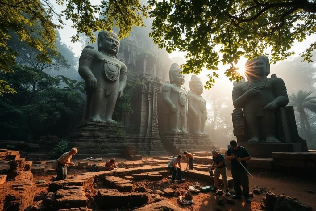 An ancient stone temple, shrouded in verdant foliage, emerges from the mist. Sunlight filters through the canopy, casting a warm, mysterious glow. In the foreground, a team of archaeologists carefully excavates artifacts, their tools and brushes revealing the secrets of a long-forgotten civilization. Towering carved statues stand watch, their weathered features hinting at a rich cultural heritage. The scene evokes a sense of wonder and discovery, a glimpse into the alluring mysteries of the past. Wide-angle lens captures the grandeur of the site, while a slightly elevated camera angle emphasizes the sense of uncovering a hidden wonder.