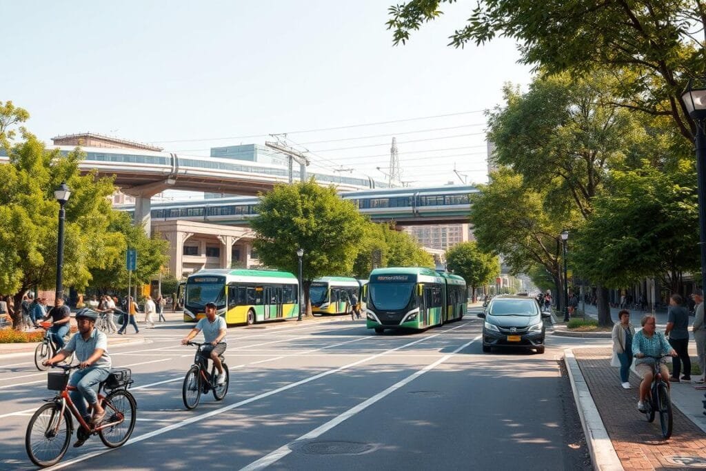 An eco-friendly cityscape with diverse sustainable transportation options. In the foreground, people cycling on sleek, modern bicycles and riding electric scooters on dedicated bike lanes. In the middle ground, efficient electric buses and compact hybrid cars navigating tree-lined streets. In the background, a bustling train station with high-speed electric trains, and a network of overhead monorails. The scene is bathed in warm, natural lighting, creating a sense of harmony and environmental consciousness. The composition emphasizes the integration of clean, renewable modes of transport, fostering a vision of a sustainable, livable urban environment. An eco-friendly cityscape with diverse sustainable transportation options. In the foreground, people cycling on sleek, modern bicycles and riding electric scooters on dedicated bike lanes. In the middle ground, efficient electric buses and compact hybrid cars navigating tree-lined streets. In the background, a bustling train station with high-speed electric trains, and a network of overhead monorails. The scene is bathed in warm, natural lighting, creating a sense of harmony and environmental consciousness. The composition emphasizes the integration of clean, renewable modes of transport, fostering a vision of a sustainable, livable urban environment.