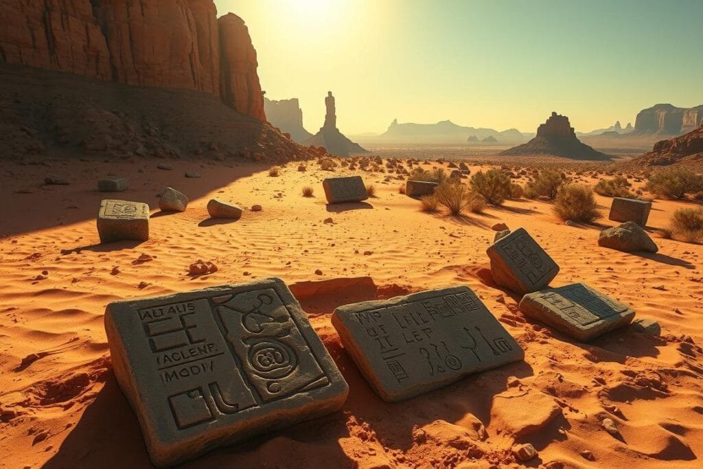 Arizona desert, sun-baked terrain dotted with ancient relics, half-buried in the ochre sands. Weathered stone tablets, intricate carvings, and mysterious symbols emerge from the earth, hinting at a lost civilization. Towering rock formations cast long shadows, as a warm, golden light filters through the haze. Archaeologists carefully unearth these silent witnesses, piecing together a puzzle of the past. Framed by the vast, sprawling landscape, these ancient artifacts stand as testament to the enduring mysteries of the Arizona desert. Arizona desert, sun-baked terrain dotted with ancient relics, half-buried in the ochre sands. Weathered stone tablets, intricate carvings, and mysterious symbols emerge from the earth, hinting at a lost civilization. Towering rock formations cast long shadows, as a warm, golden light filters through the haze. Archaeologists carefully unearth these silent witnesses, piecing together a puzzle of the past. Framed by the vast, sprawling landscape, these ancient artifacts stand as testament to the enduring mysteries of the Arizona desert.