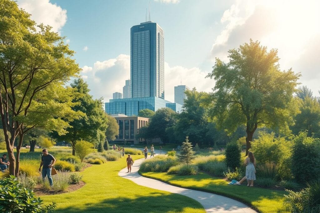 Detailed landscape depicting environmental conservation policy, featuring a towering government building in the background with a modern, energy-efficient design. In the foreground, a lush, verdant park with thriving wildlife and people engaging in eco-friendly activities like recycling, gardening, and clean-up efforts. Sunlight filters through the trees, casting a warm, hopeful glow over the scene. A winding path leads the eye towards the central structure, symbolizing the connection between government action and community involvement in preserving the natural world. The overall mood conveys a sense of harmony and collective responsibility towards environmental stewardship.