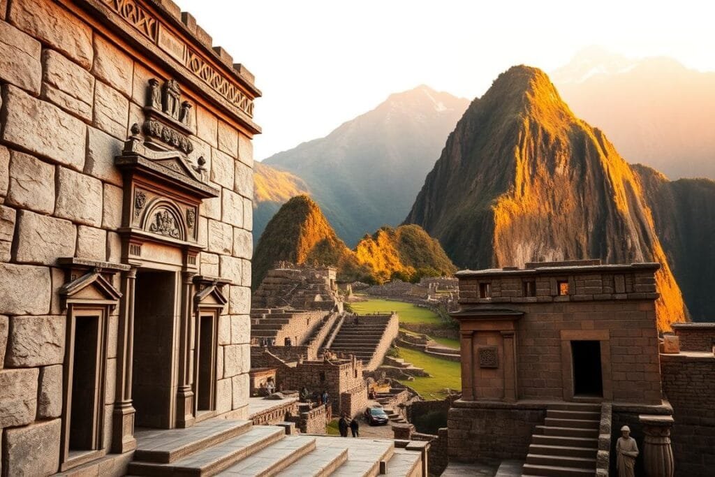 Majestic Inca architecture rises against the backdrop of towering Andean peaks, bathed in warm, golden light. In the foreground, intricate stone masonry of precision-cut granite blocks forms the grand entrance to an ancient temple, its ornate carvings and geometric patterns testifying to the engineering prowess of this lost civilization. The middle ground reveals meticulously terraced hillsides, terraces cascading down the slopes like steps leading up to the heavens. Mysterious doorways and windows punctuate the stone facades, inviting the viewer to imagine the bustling life that once filled these hallowed halls. An atmosphere of reverence and timeless wonder permeates the scene, capturing the essence of the Inca's architectural marvel.